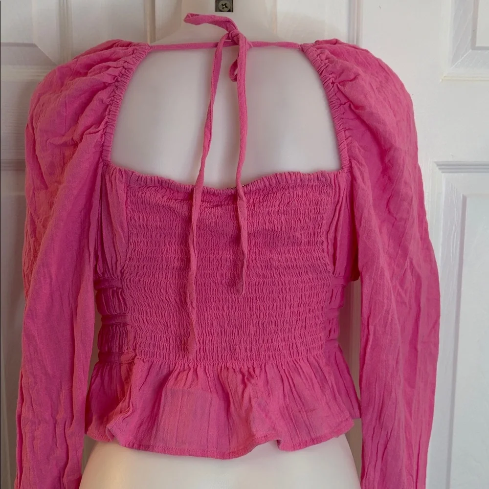 FREE PEOPLE CHLOE TIE BACK LONG SLEEVES CROPPED SMOCKED TOP BLOUSE HOT PINK SZ S